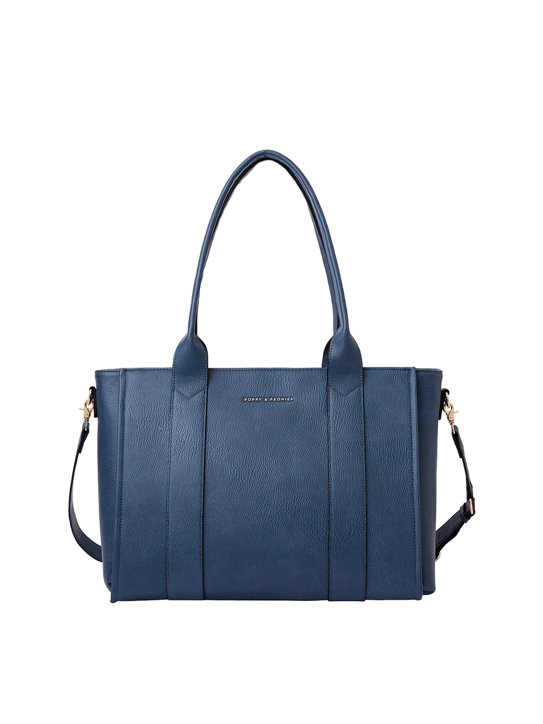 Navy blue vegan leather tote with a detachable crossbody strap