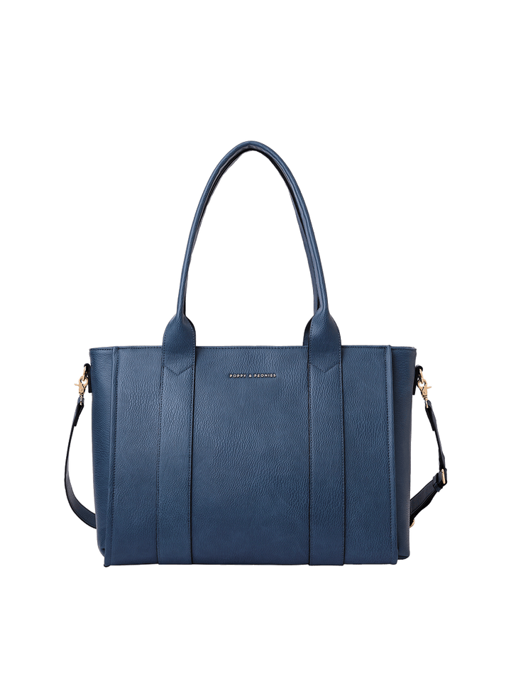 Navy blue vegan leather tote with a detachable crossbody strap