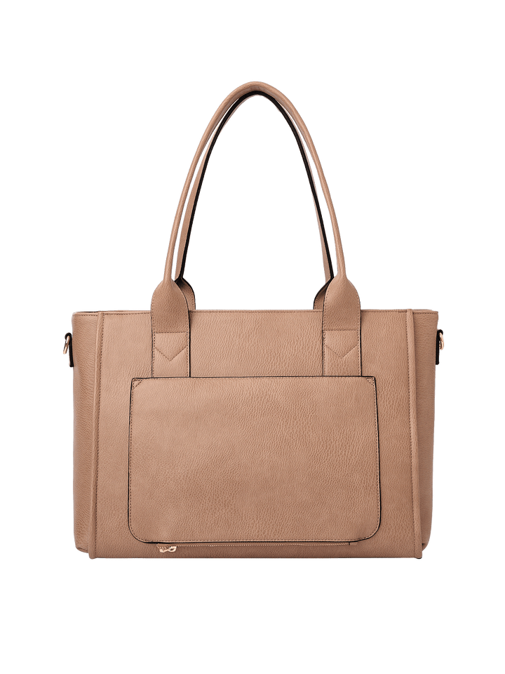 Back view of Multitasker tote in Taupe with trolley sleeve