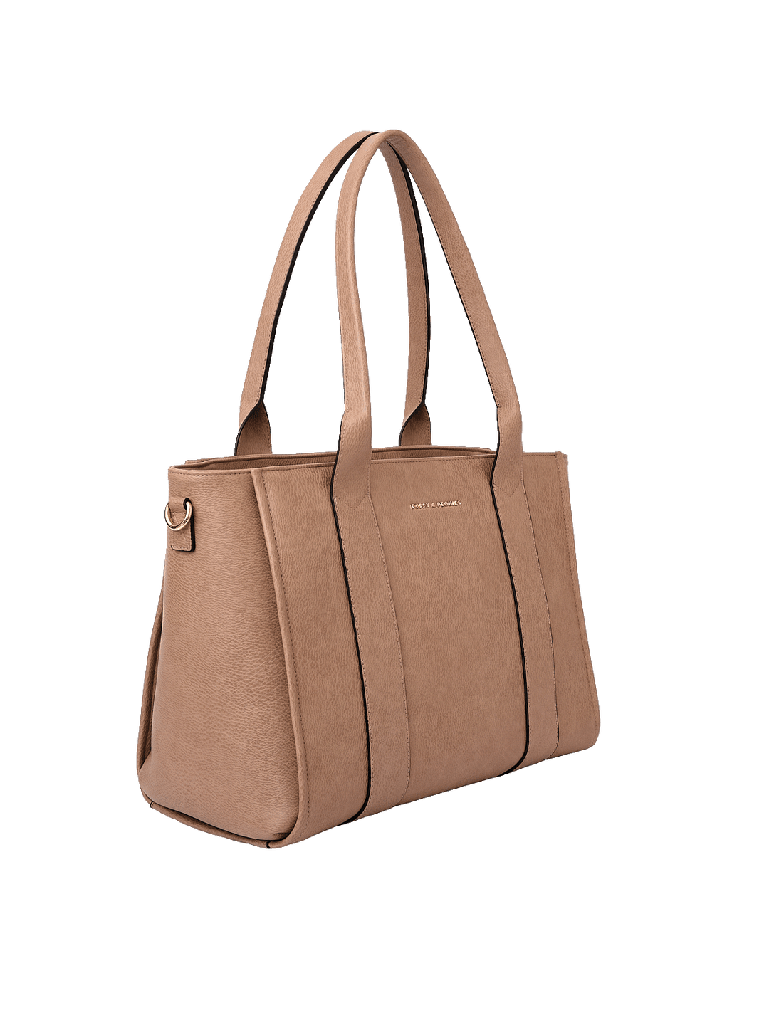 Angled side view of Multitasker tote in Taupe