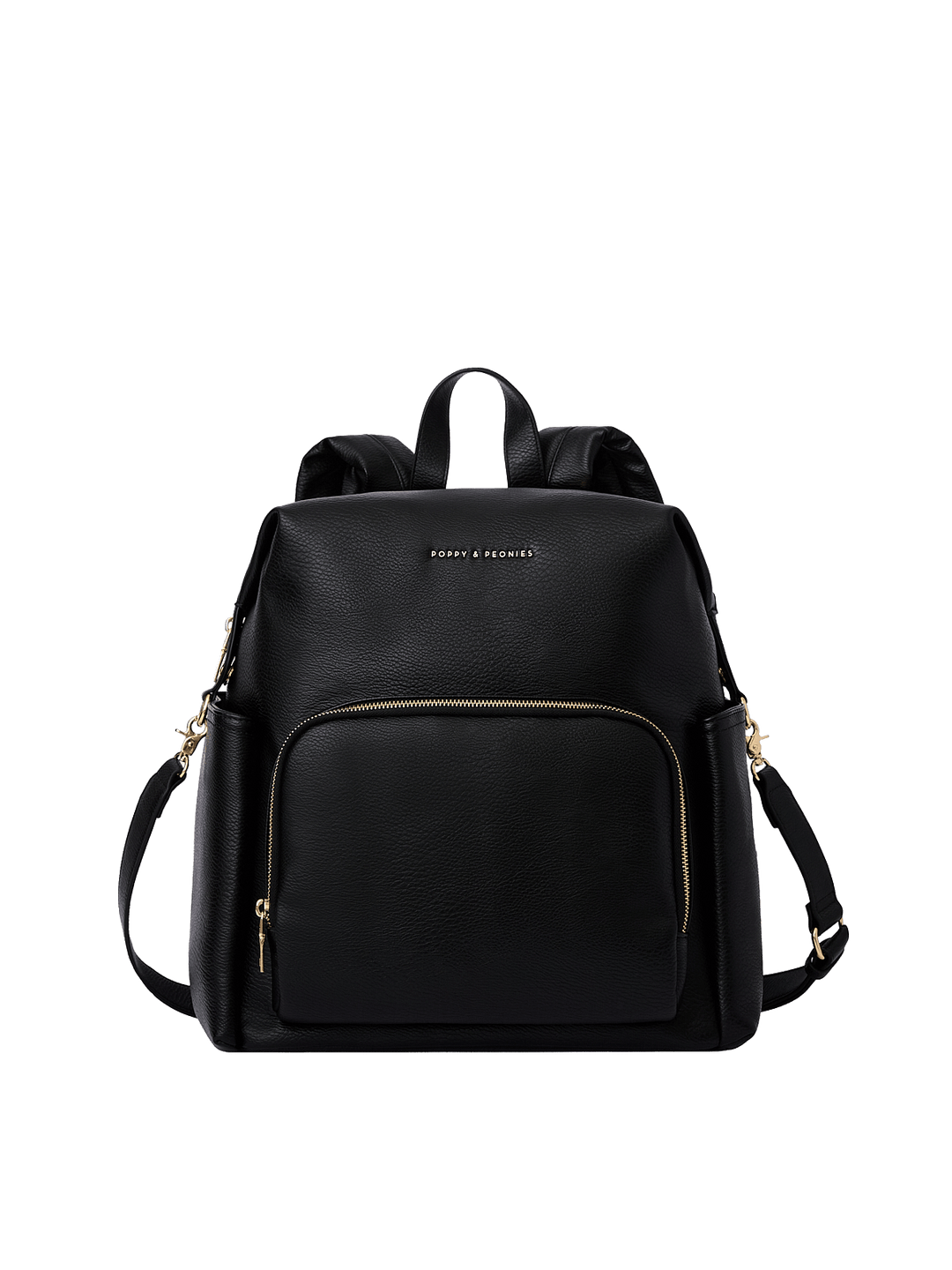 Poppy & Peonies The Cabin Backpack in Black, showcasing its structured silhouette, front zippered pocket, top carry handle, and detachable shoulder strap.