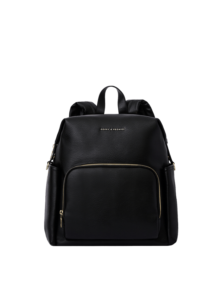 Poppy & Peonies The Cabin Backpack in Black, featuring a black pebbled exterior, large front zippered pocket with gold-tone hardware, top carry handle, and two exterior side pockets.