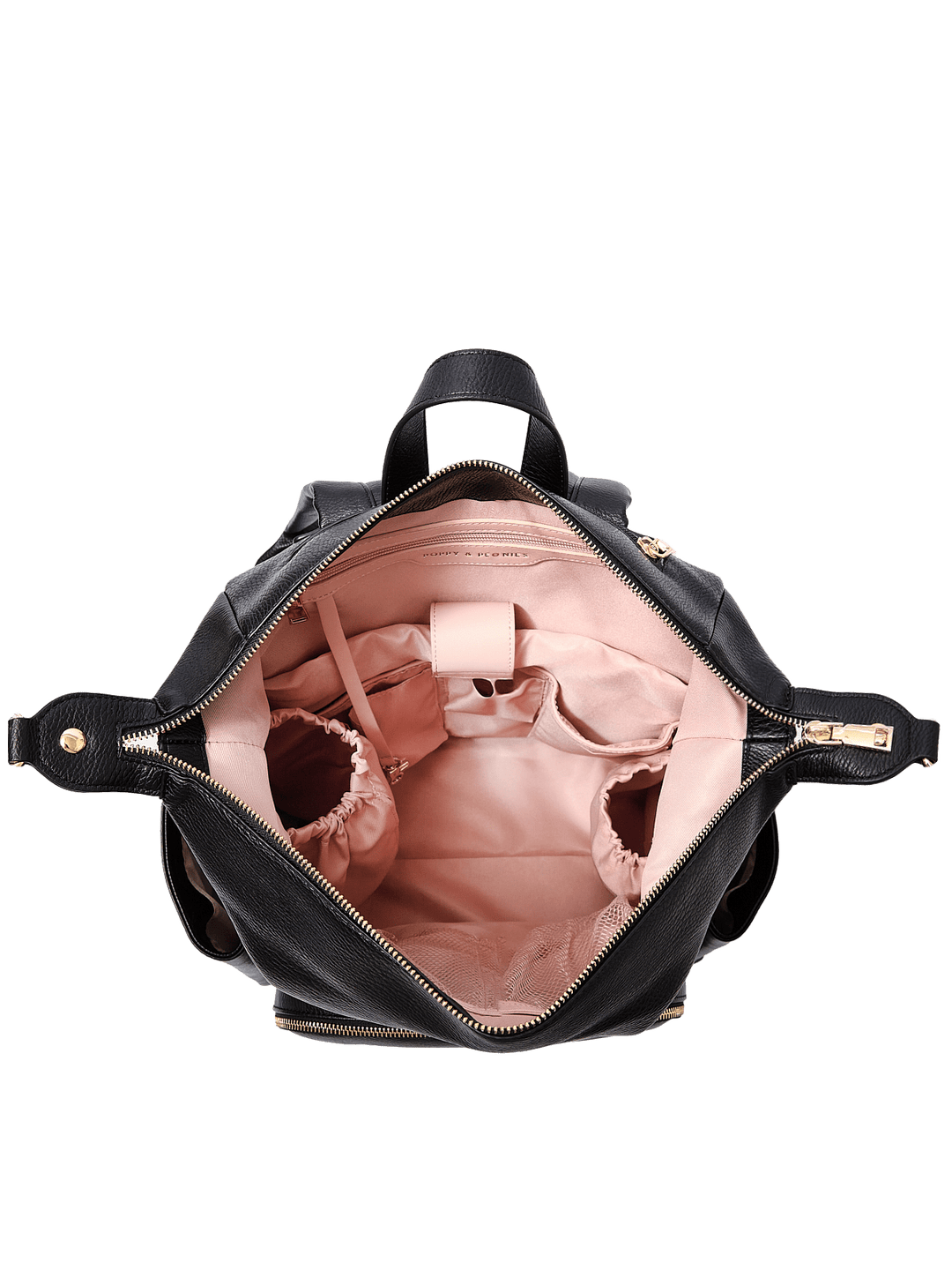 Poppy & Peonies The Cabin Backpack in Black, shown open from above with blush pink lining, interior organizer pockets, and dedicated storage compartments.