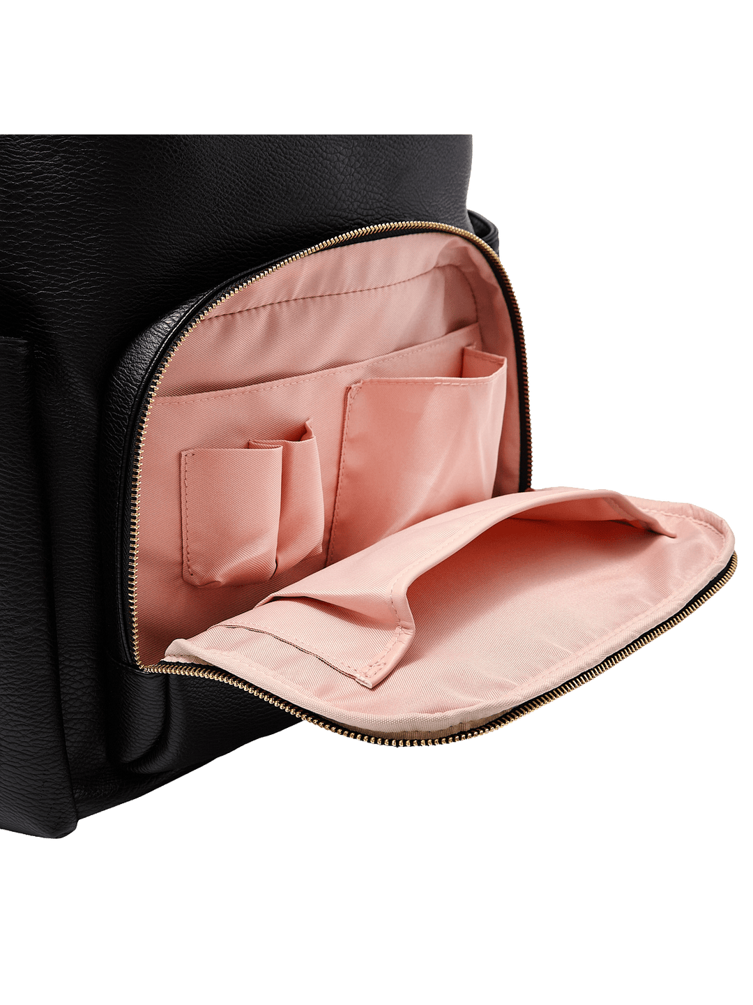 Poppy & Peonies The Cabin Backpack in Black, featuring an open front zippered organizer pocket with blush pink lining, lipstick holders, and slip pockets.