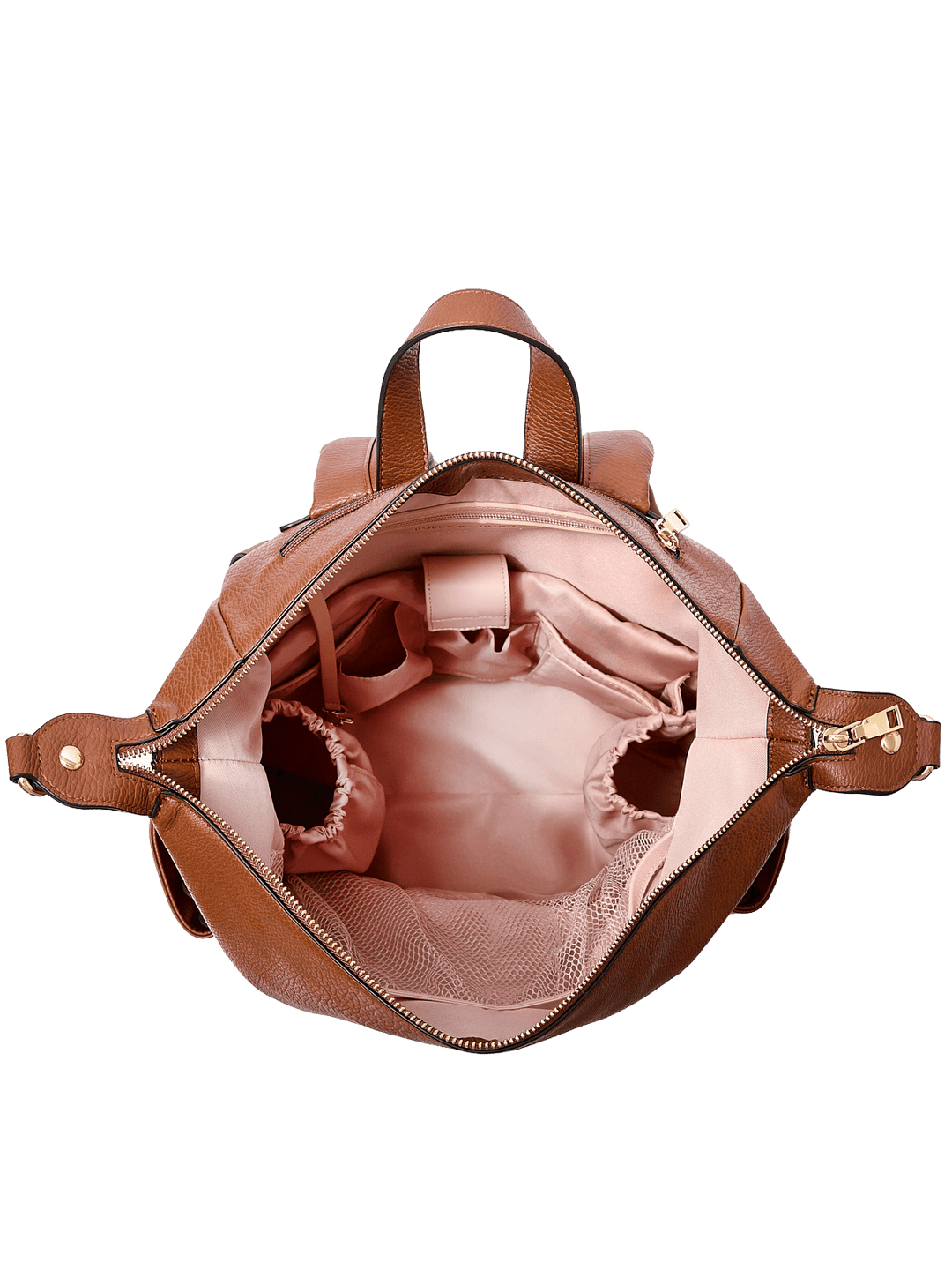 Poppy & Peonies The Cabin Backpack in Chestnut, shown open from above with blush pink lining, multiple organizer pockets, and dedicated interior compartments.