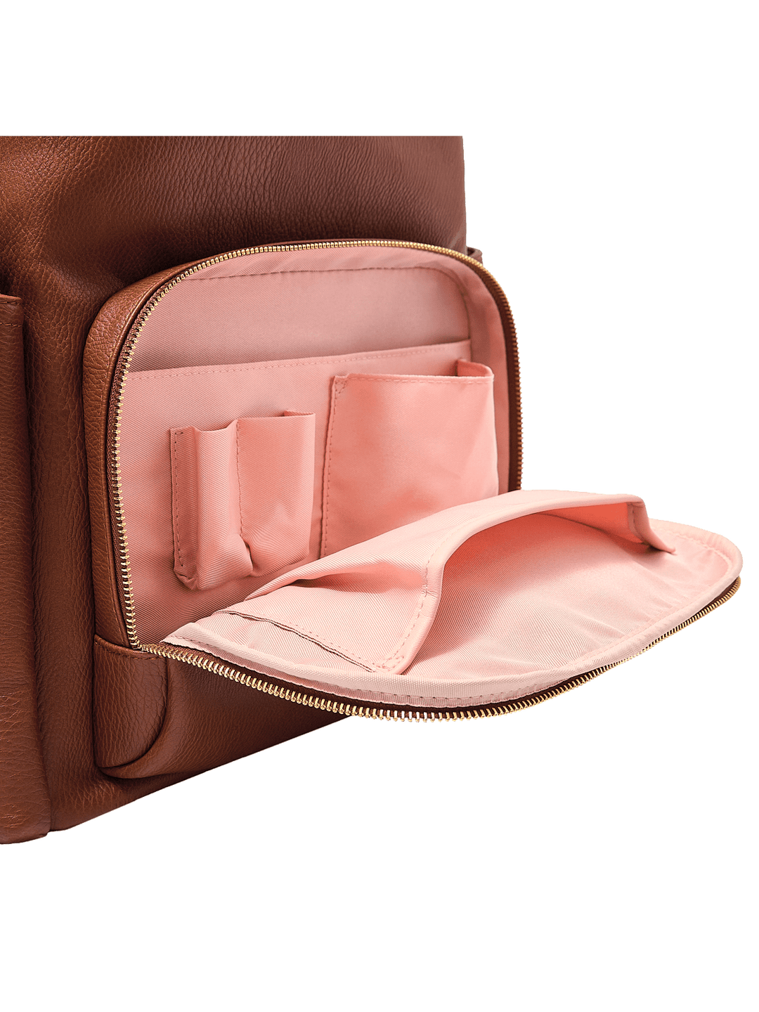 Poppy & Peonies The Cabin Backpack in Chestnut, featuring an open front zippered organizer pocket with blush pink lining, lipstick holders, and slip pockets.