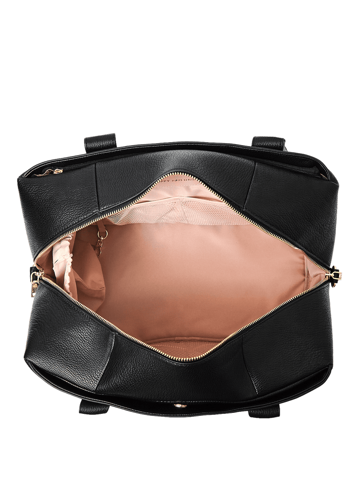 Open black vegan leather duffle bag