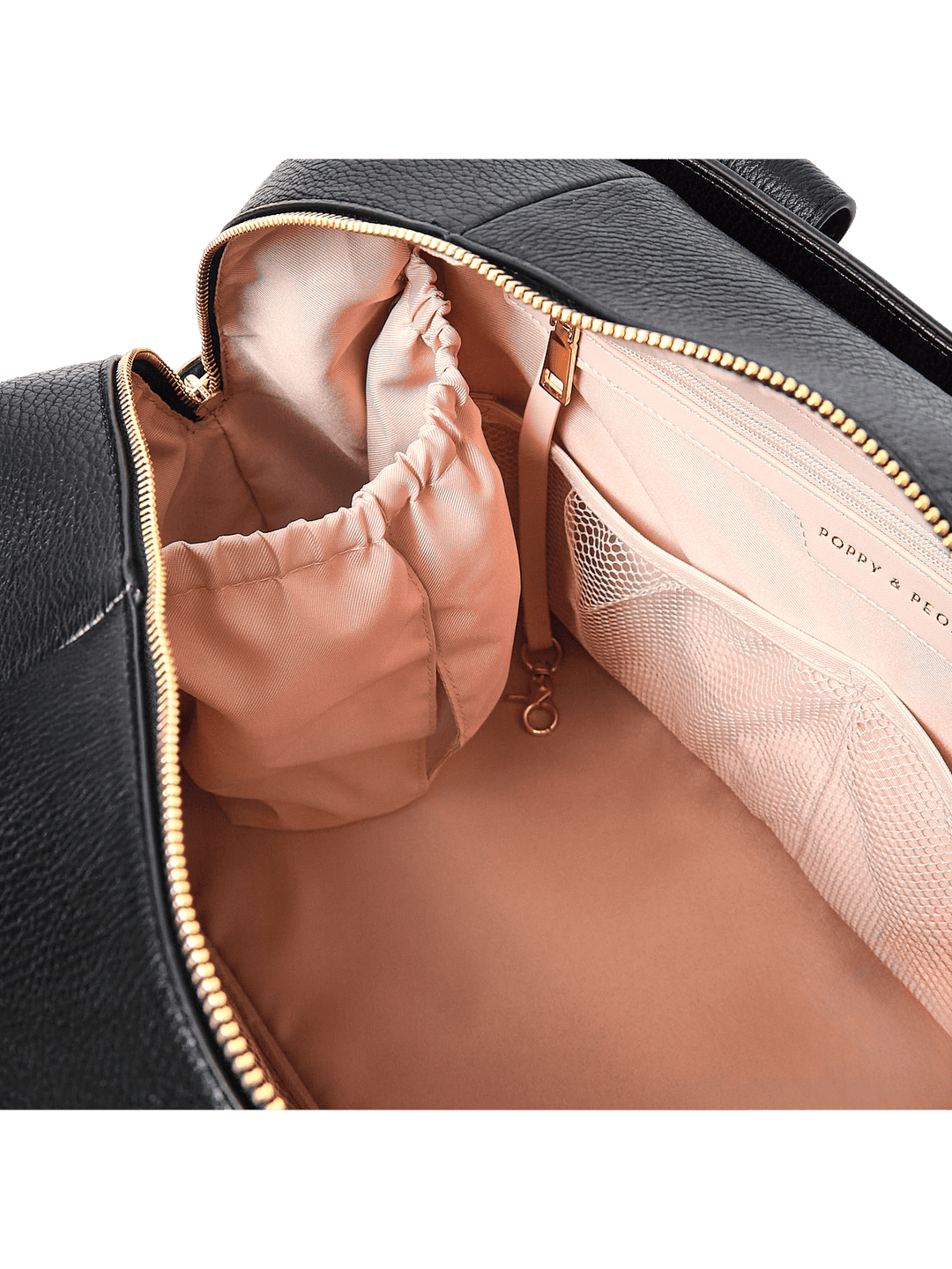 Close up of an interior cup holder in a duffle bag
