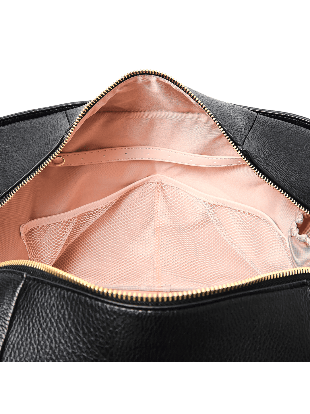 Close up of mesh pockets and a jewelry tab in a duffle bag