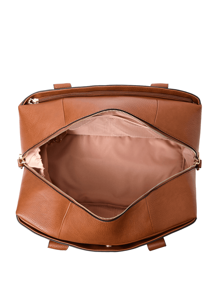 Open brown vegan leather handbag with gold zipper 