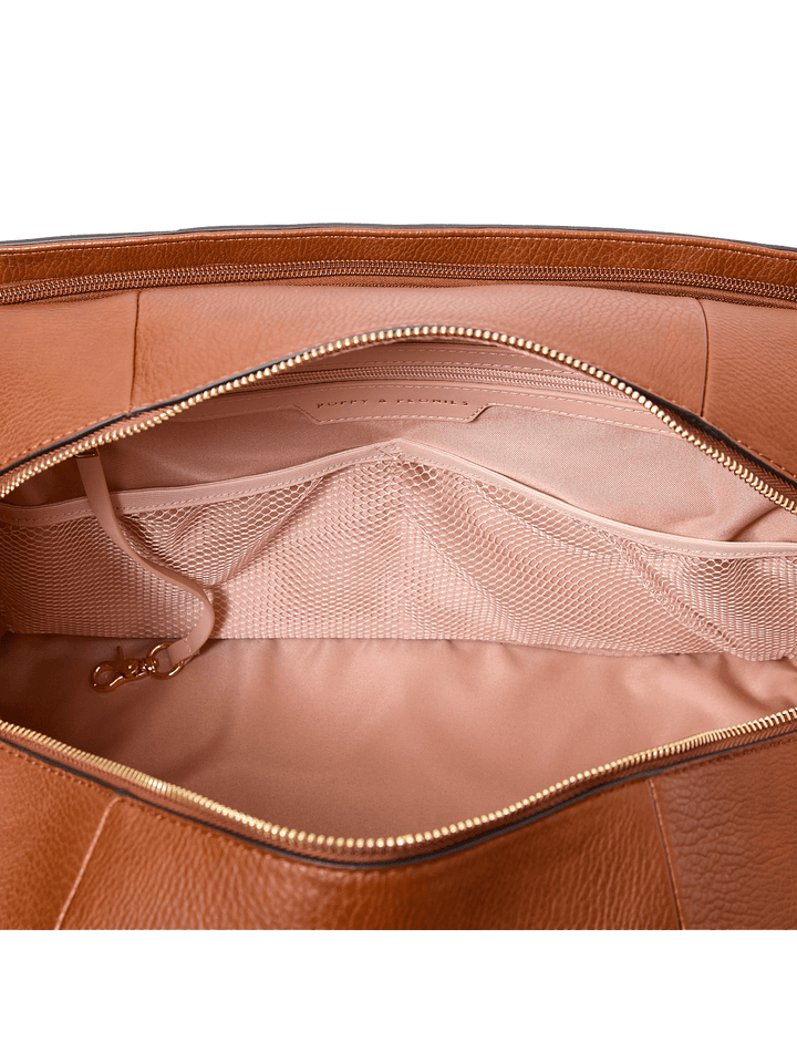 Brown vegan leather handbag with gold zipper