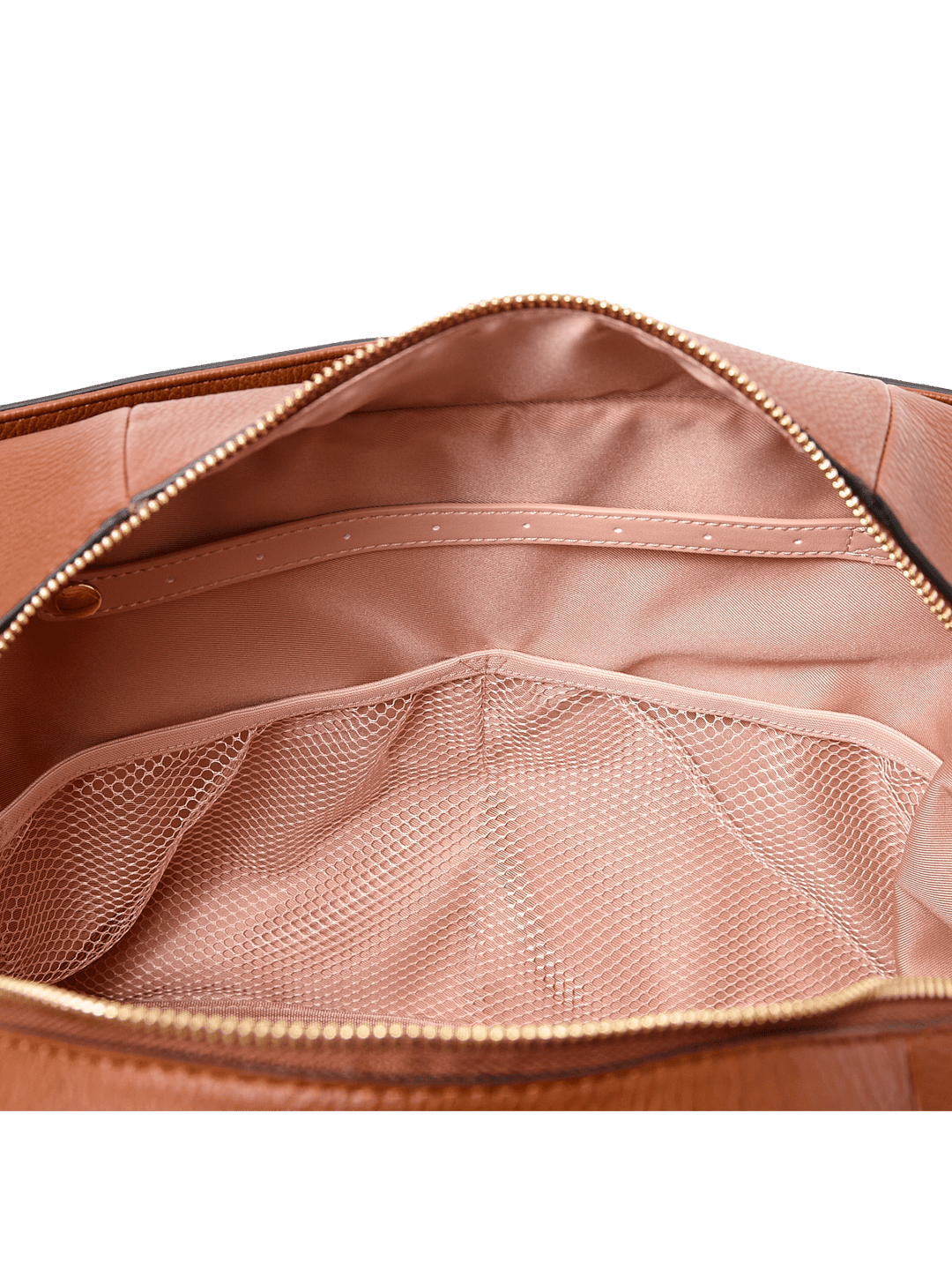 Brown vegan leather bag with gold zipper and mesh pocket