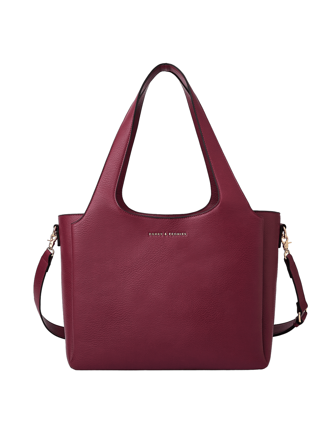 Poppy & Peonies The Companion Tote in Berry front view, featuring a structured silhouette, top handles, detachable shoulder strap and signature gold-tone logo.