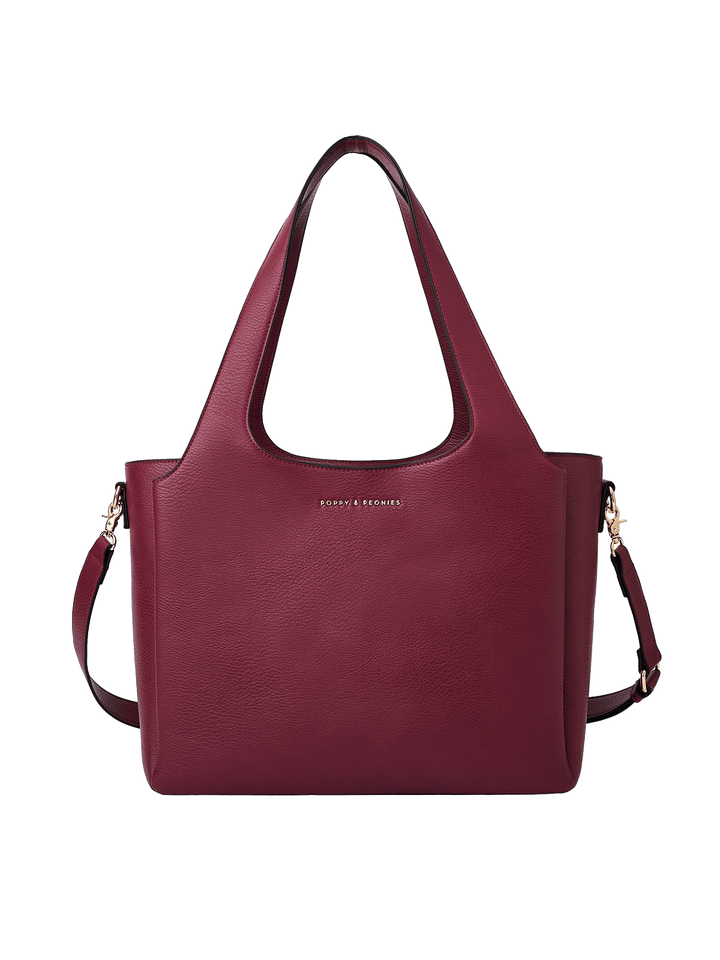 Poppy & Peonies The Companion Tote in Berry front view, featuring a structured silhouette, top handles, detachable shoulder strap and signature gold-tone logo.