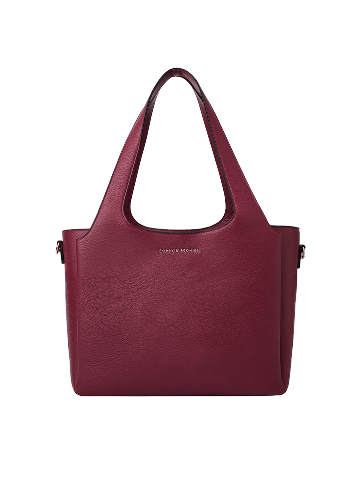 Poppy & Peonies The Companion Tote in Berry front view, featuring a structured silhouette, top handles and signature gold-tone logo.