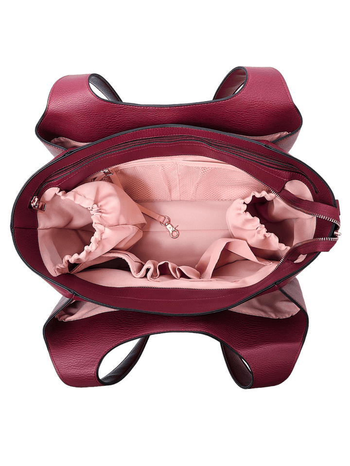 Poppy & Peonies The Companion Tote in Berry open top view, showcasing the blush-pink lined interior and organizational compartments.