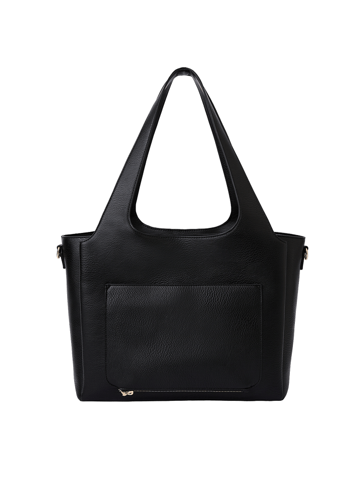 Poppy & Peonies The Companion Tote in Black back view, featuring the exterior trolley sleeve pocket.
