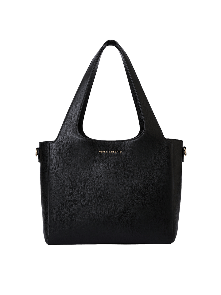 Poppy & Peonies The Companion Tote in Black front view, showcasing its structured silhouette and roomy everyday design.