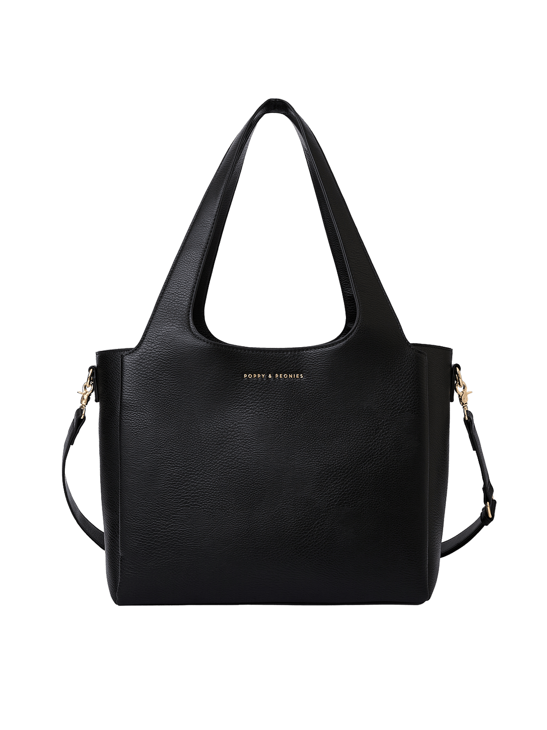 Poppy & Peonies The Companion Tote in Black front view, featuring top handles, detachable shoulder strap and signature gold-tone logo.