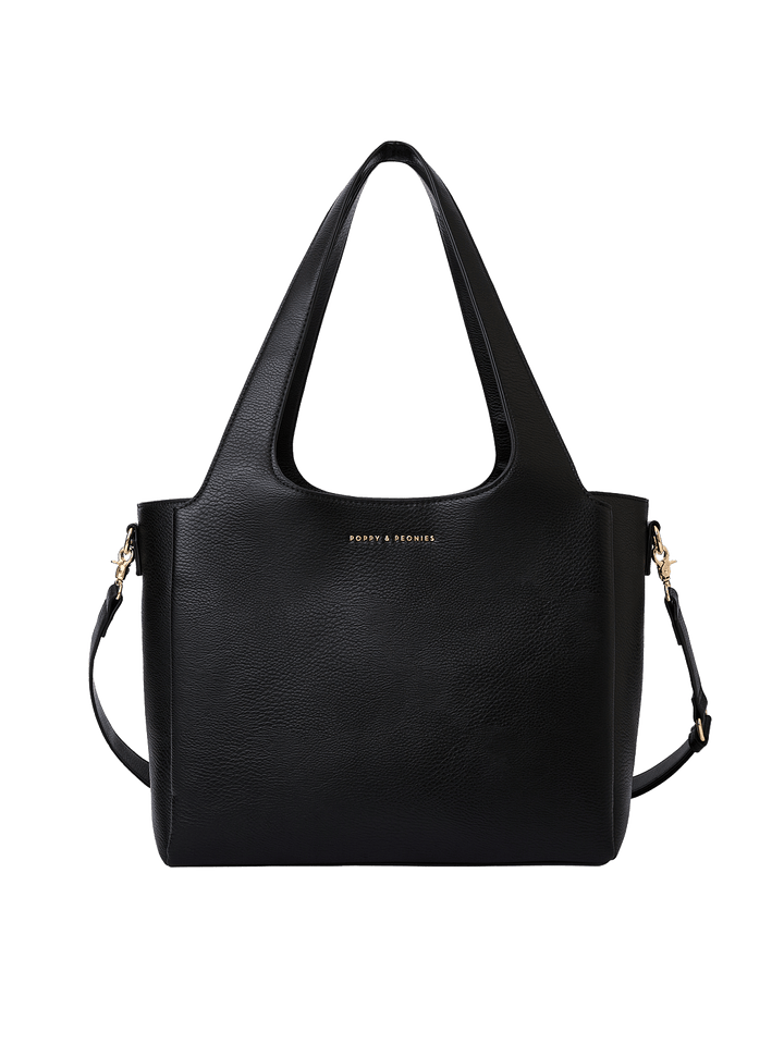Poppy & Peonies The Companion Tote in Black front view, featuring top handles, detachable shoulder strap and signature gold-tone logo.