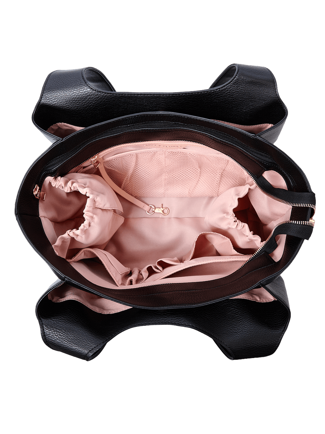 Poppy & Peonies The Companion Tote in Black open top view, showcasing the spacious blush-pink interior with cupholder and multiple organizational pockets.
