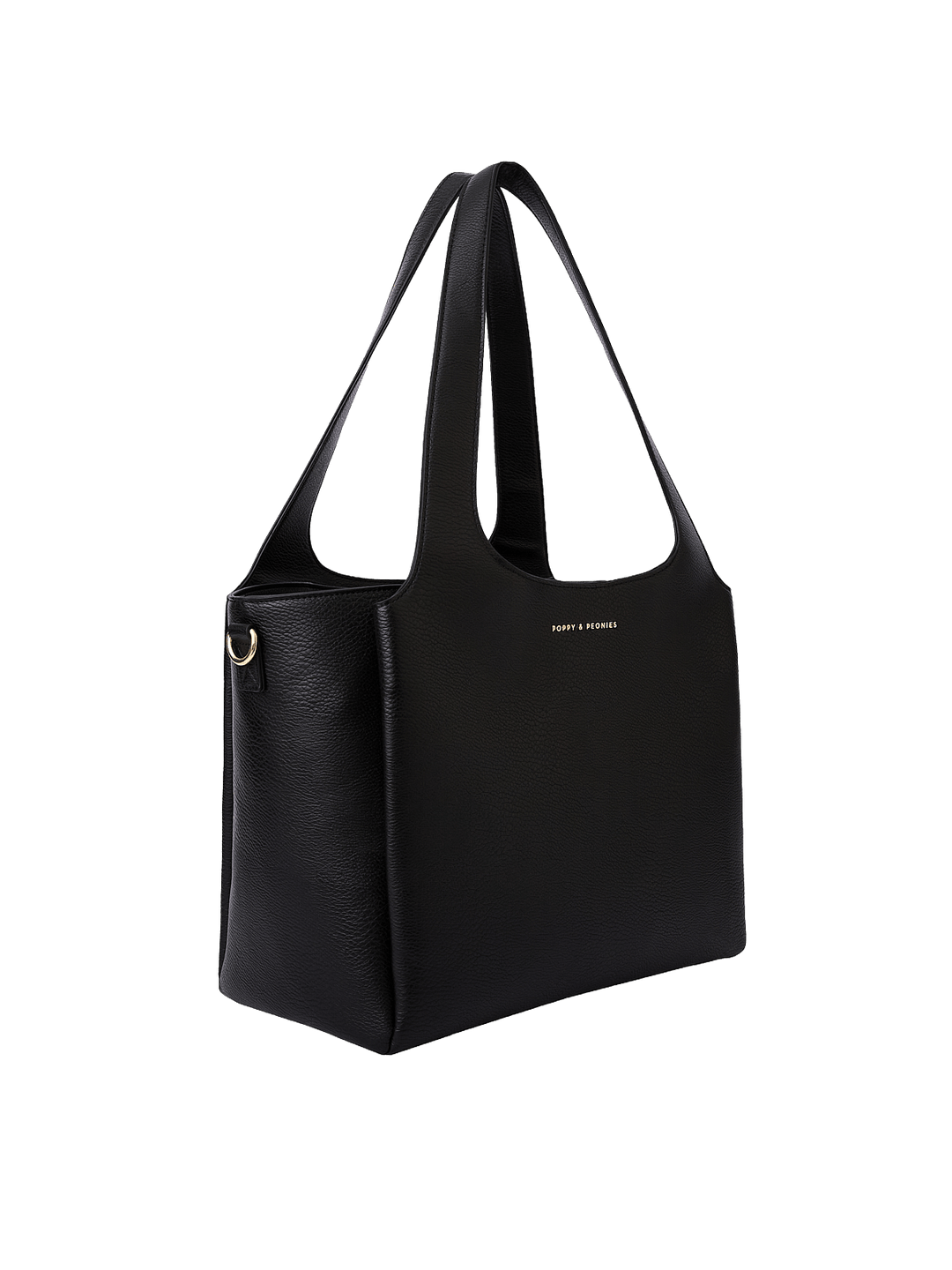 Poppy & Peonies The Companion Tote in Black angled side view, highlighting its spacious depth, structured shape and top handles.
