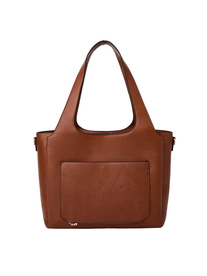 Poppy & Peonies The Companion Tote in Chestnut back view, featuring the exterior trolley sleeve pocket.