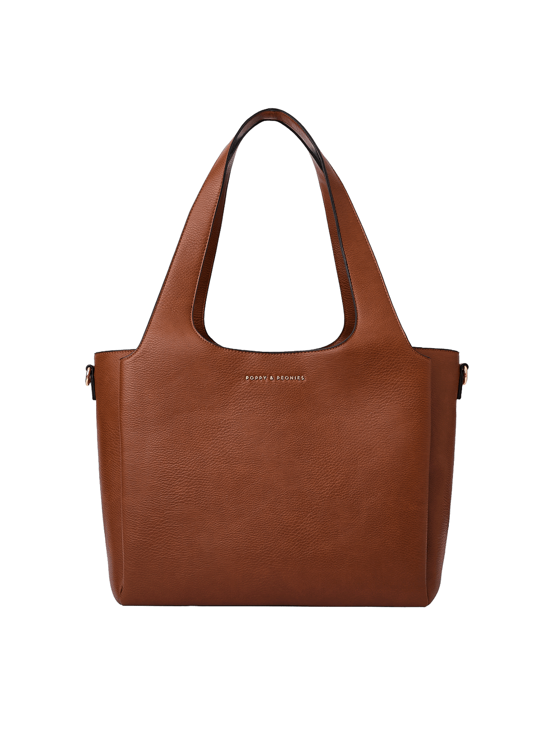 Poppy & Peonies The Companion Tote in Chestnut front view, showcasing its roomy silhouette and signature gold-tone logo.