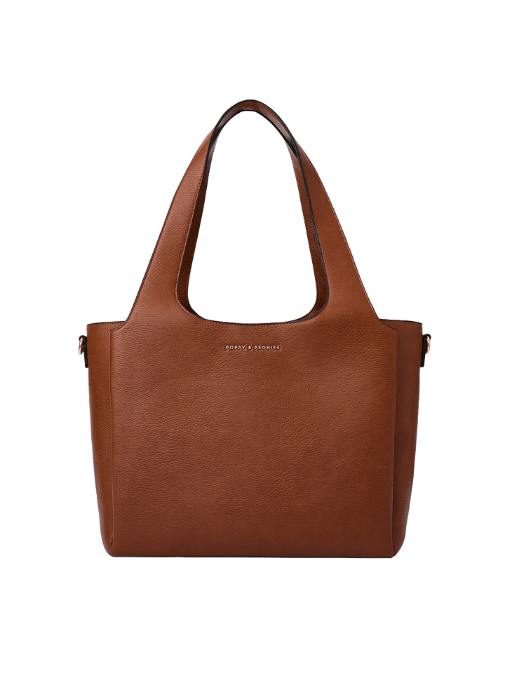Poppy & Peonies The Companion Tote in Chestnut front view, showcasing its roomy silhouette and signature gold-tone logo.