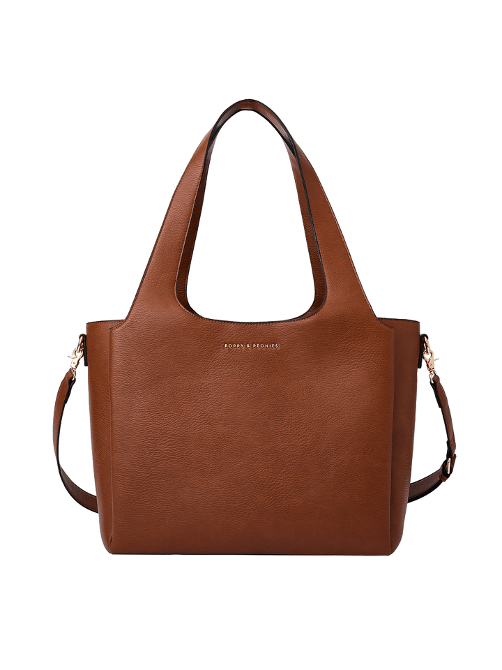 Poppy & Peonies The Companion Tote in Chestnut front view, featuring a structured silhouette, top handles and detachable shoulder strap.