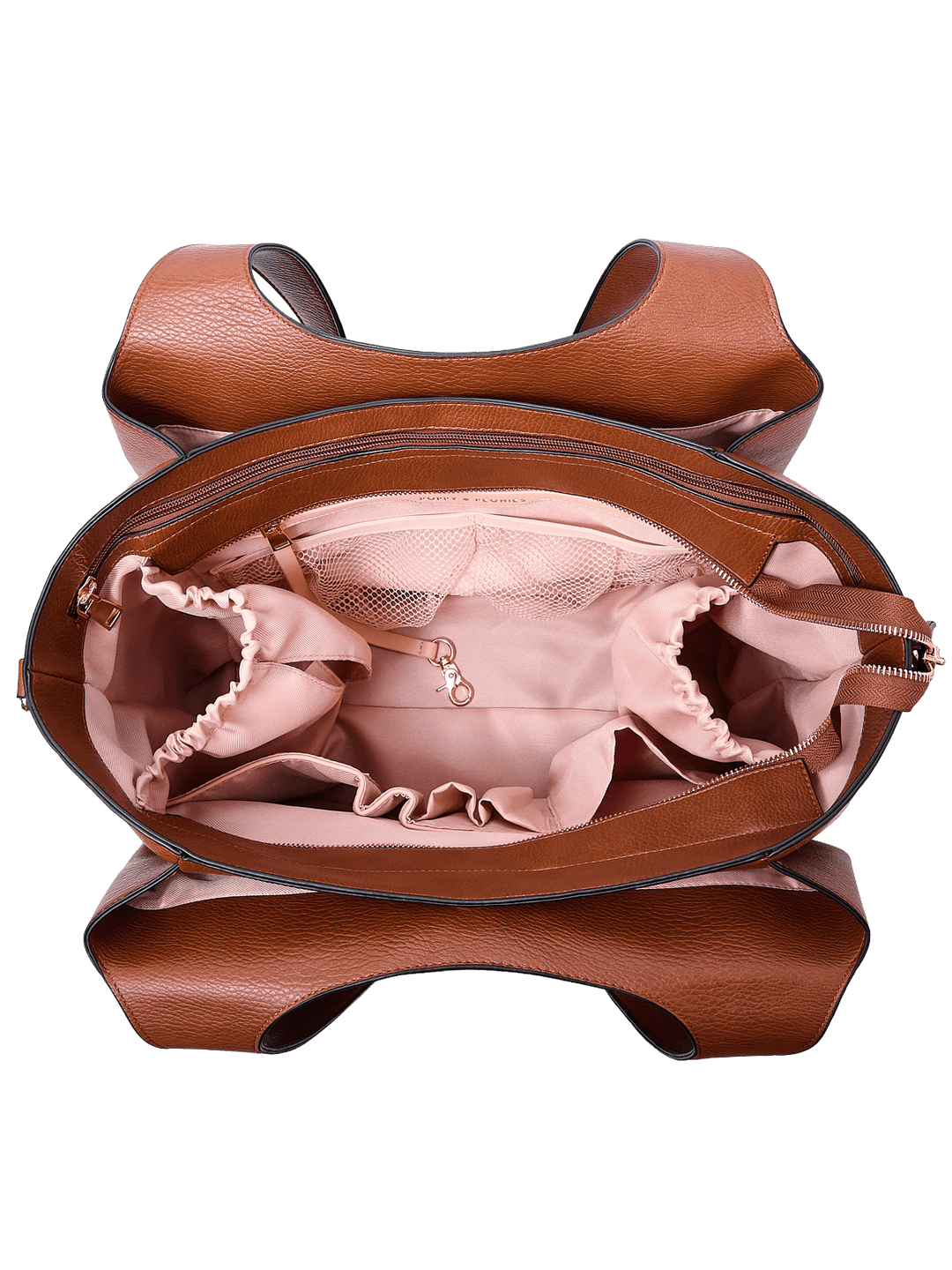 Poppy & Peonies The Companion Tote in Chestnut open top view, showcasing the blush-pink lined interior with organized compartments and cupholder.