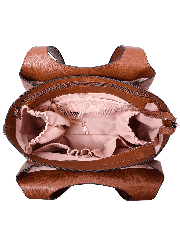Poppy & Peonies The Companion Tote in Chestnut open top view, showcasing the blush-pink lined interior with organized compartments and cupholder.