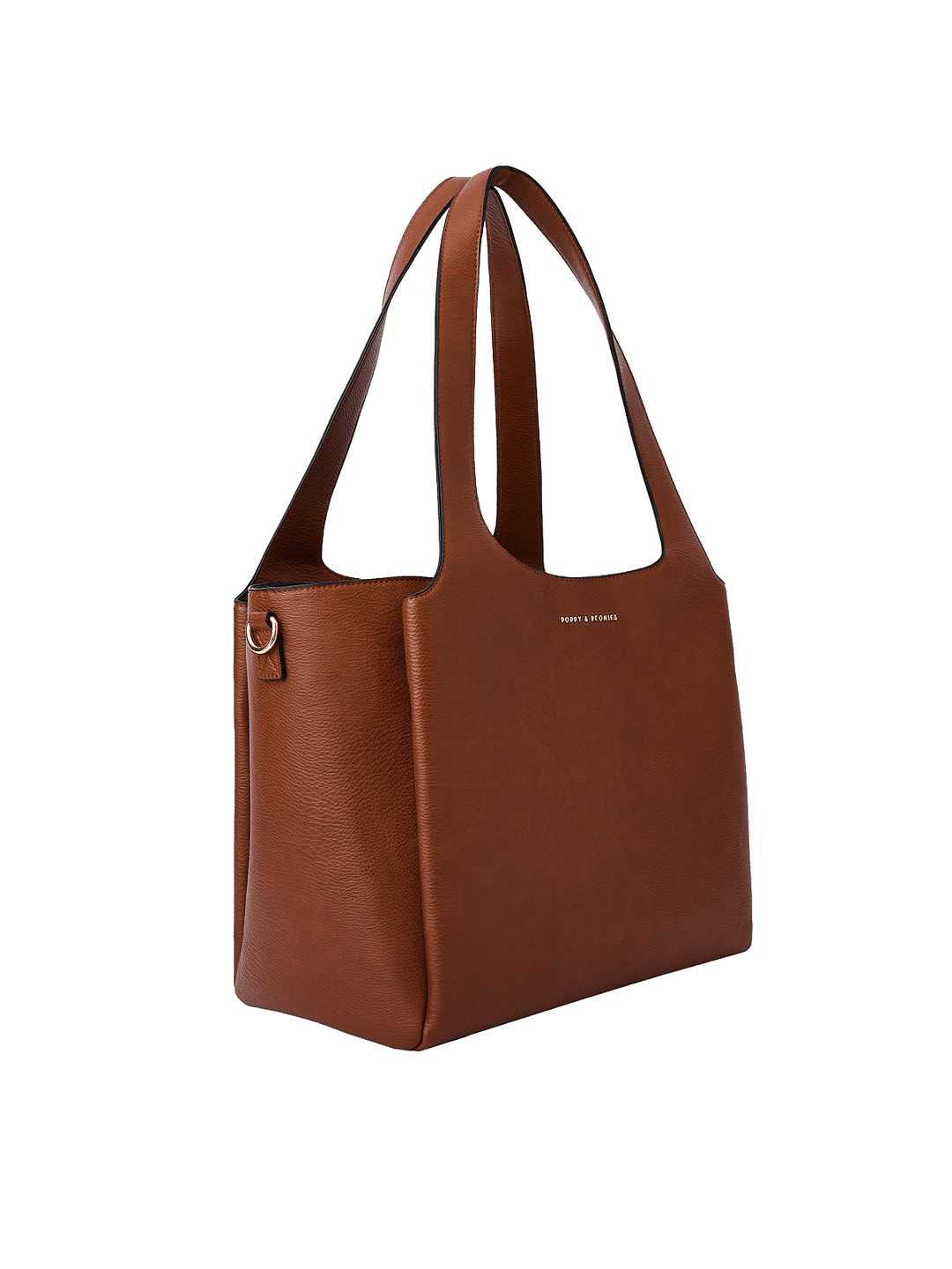 Poppy & Peonies The Companion Tote in Chestnut angled side view, highlighting the structured shape, roomy depth and top handles.