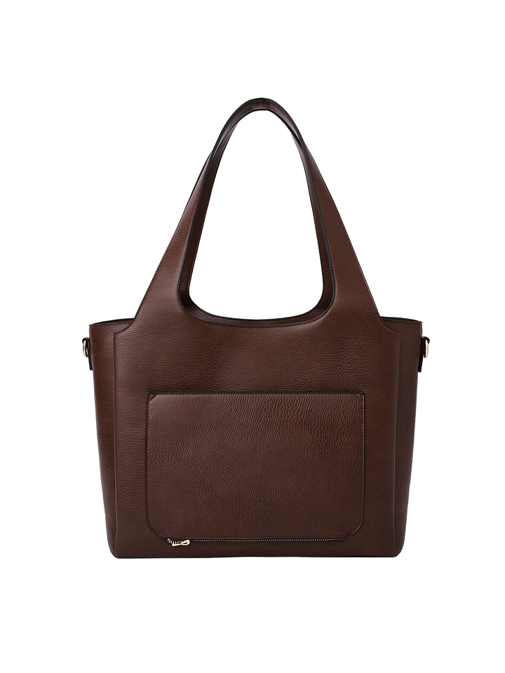 Poppy & Peonies The Companion Tote in Espresso back view, featuring the exterior trolley sleeve pocket and structured silhouette.