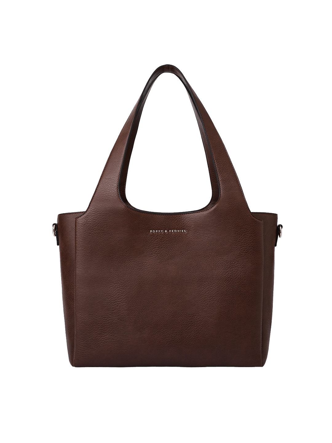 Poppy & Peonies The Companion Tote in Espresso front view, showcasing its structured silhouette, roomy design and signature gold-tone logo.
