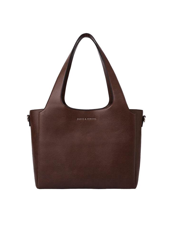 Poppy & Peonies The Companion Tote in Espresso front view, showcasing its structured silhouette, roomy design and signature gold-tone logo.