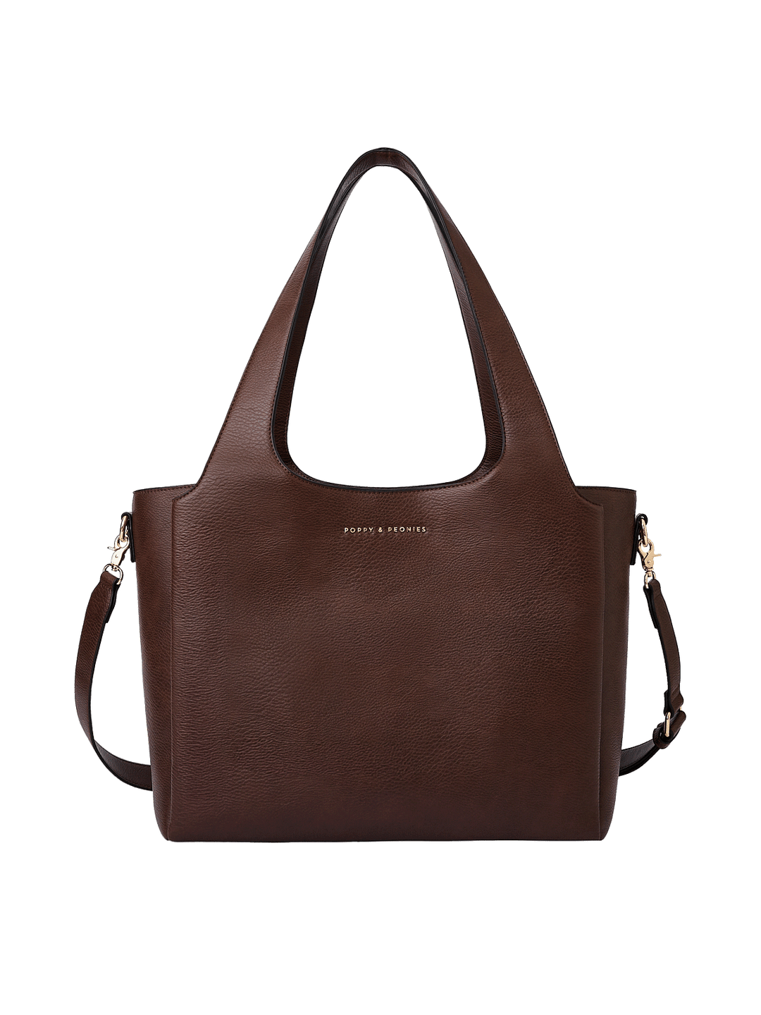 Poppy & Peonies The Companion Tote in Espresso front view, featuring top handles, detachable shoulder strap and signature gold-tone logo.