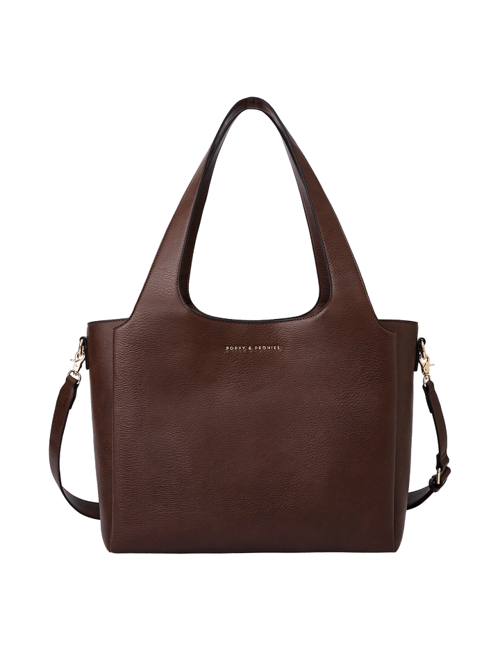 Poppy & Peonies The Companion Tote in Espresso front view, featuring top handles, detachable shoulder strap and signature gold-tone logo.