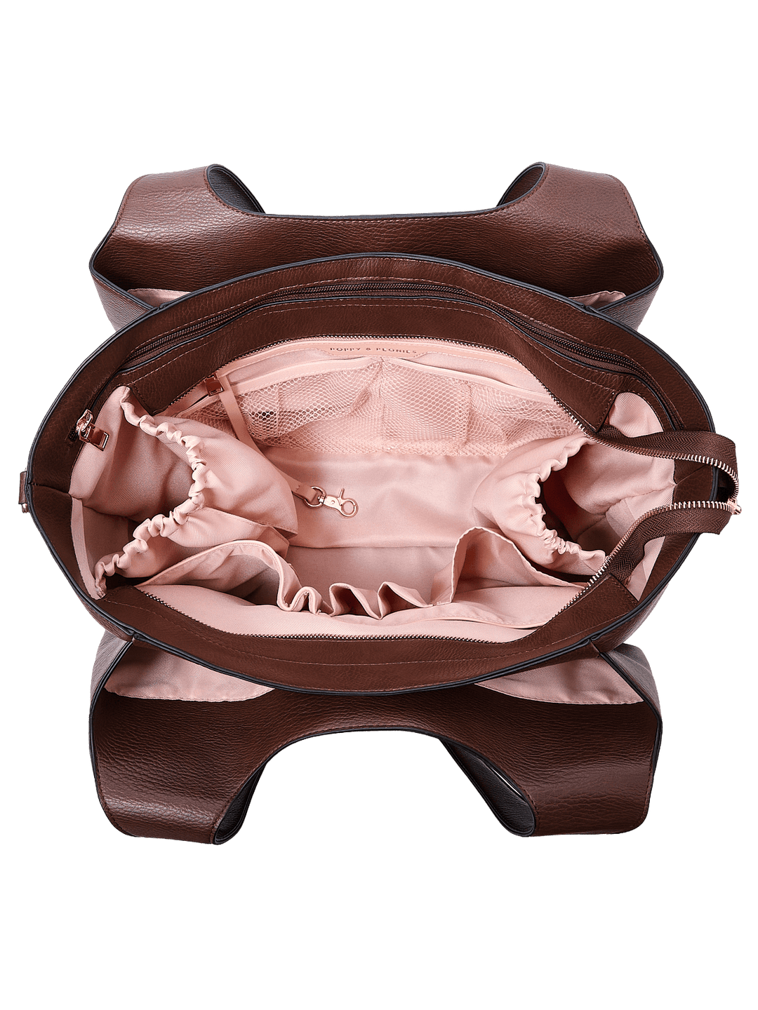 Poppy & Peonies The Companion Tote in Espresso open top view, showcasing the blush-pink lined interior with multiple organizational compartments.
