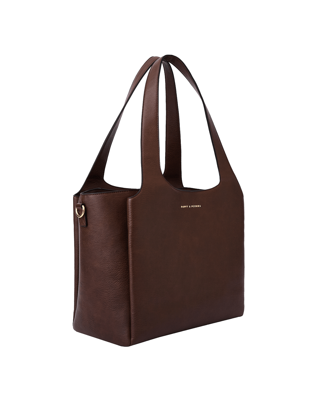 Poppy & Peonies The Companion Tote in Espresso angled side view, highlighting its spacious structured profile and top handles.