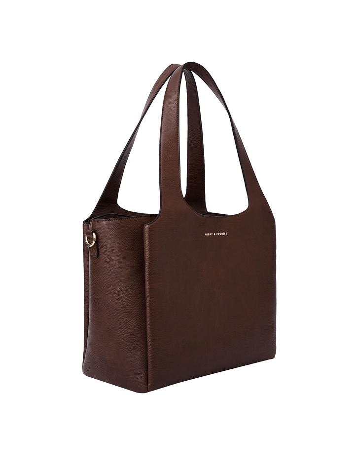 Poppy & Peonies The Companion Tote in Espresso angled side view, highlighting its spacious structured profile and top handles.