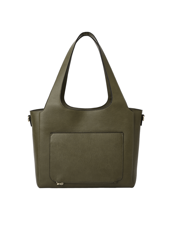 Poppy & Peonies The Companion Tote in Olive back view, featuring the exterior trolley sleeve pocket.