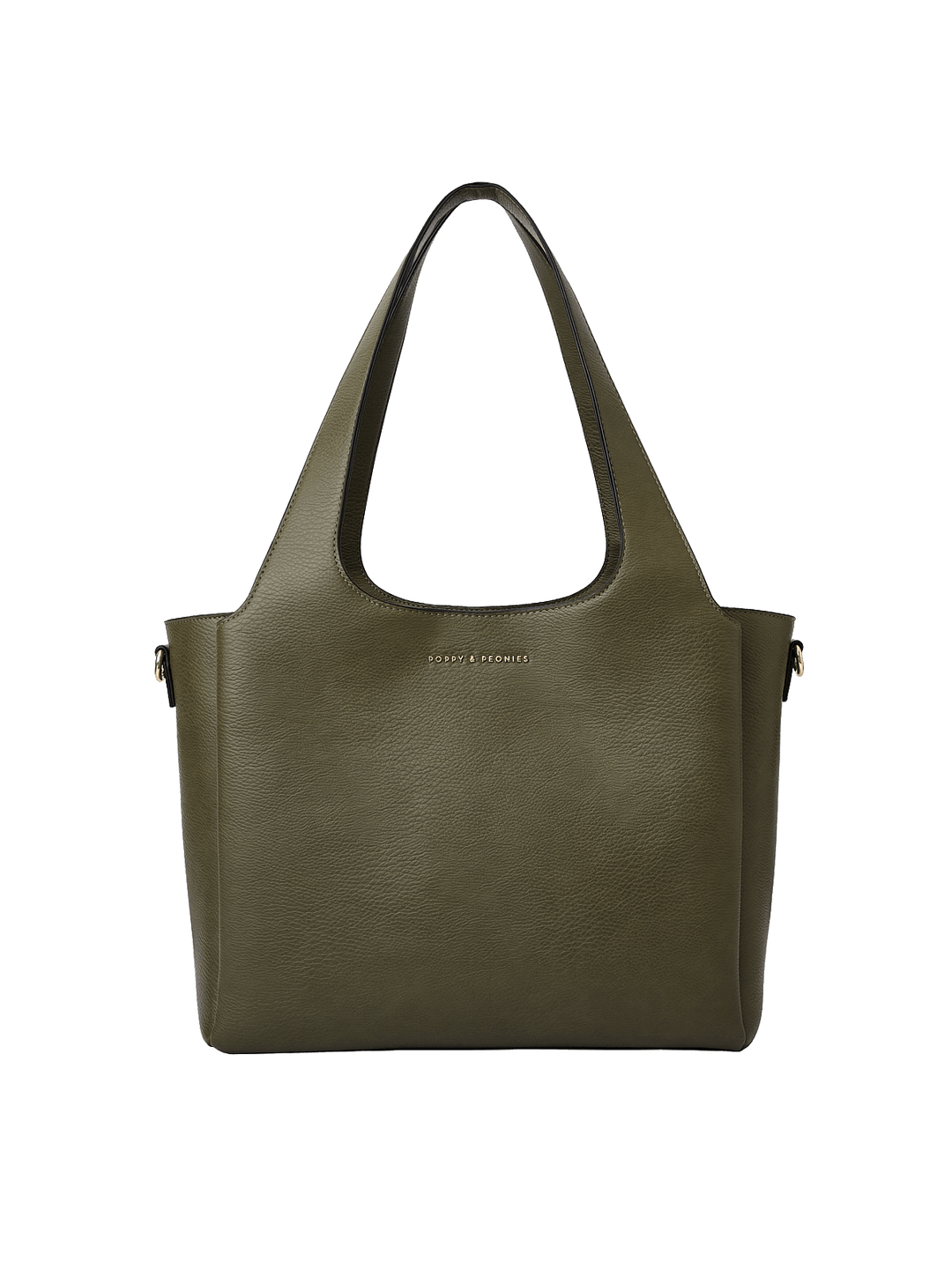 Poppy & Peonies The Companion Tote in Olive front view, showcasing its structured silhouette, roomy design and signature gold-tone logo.