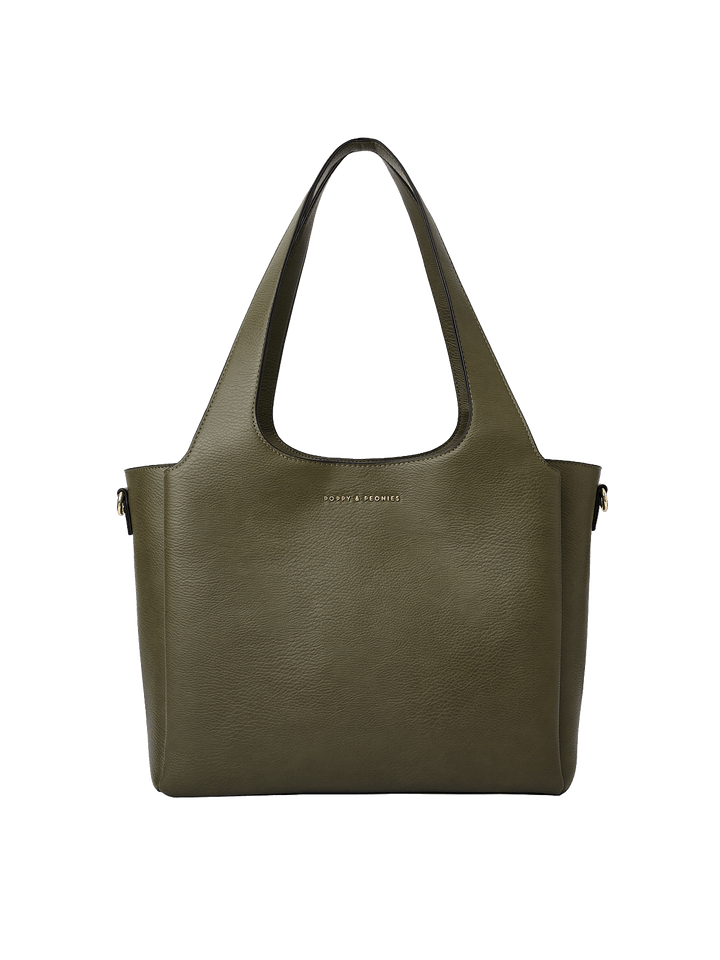 Poppy & Peonies The Companion Tote in Olive front view, showcasing its structured silhouette, roomy design and signature gold-tone logo.