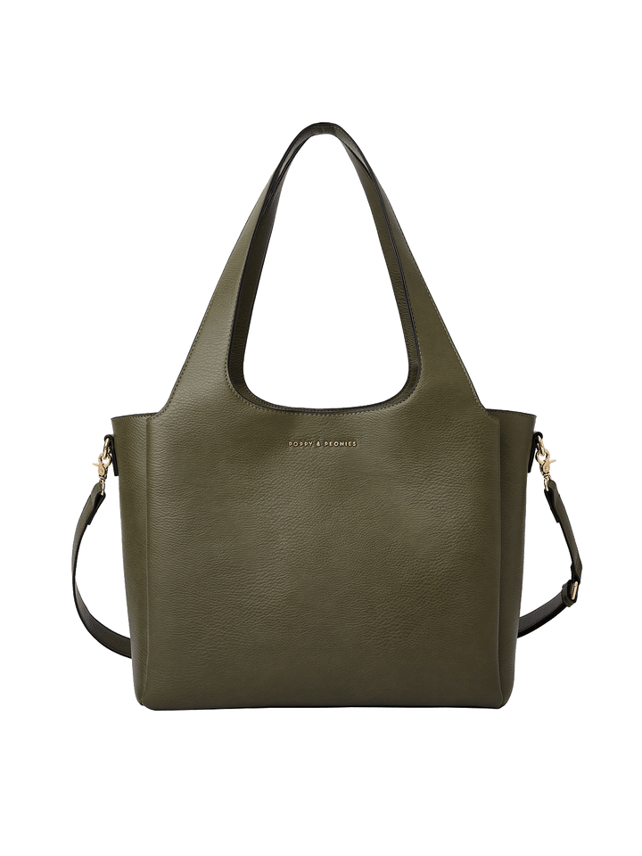 Poppy & Peonies The Companion Tote in Olive front view, featuring top handles, detachable shoulder strap and signature gold-tone logo.