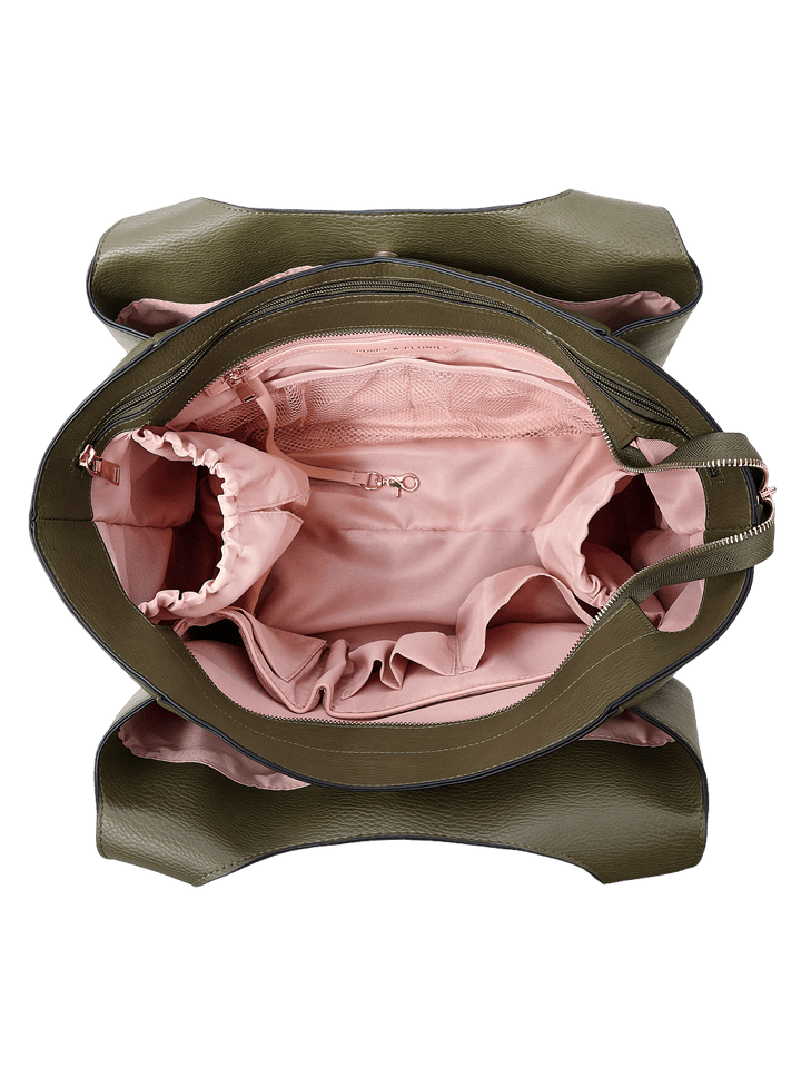 Poppy & Peonies The Companion Tote in Olive open top view, showcasing the spacious blush-pink interior with cupholder and multiple organizational pockets.