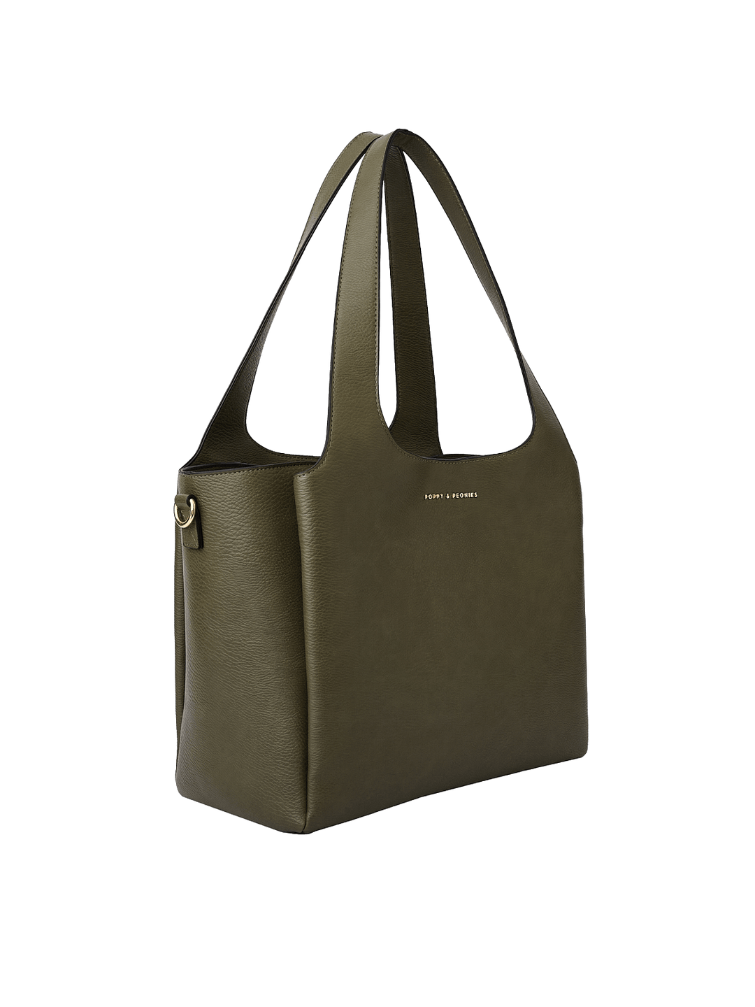 Poppy & Peonies The Companion Tote in Olive angled side view, highlighting its spacious depth, structured shape and top handles.