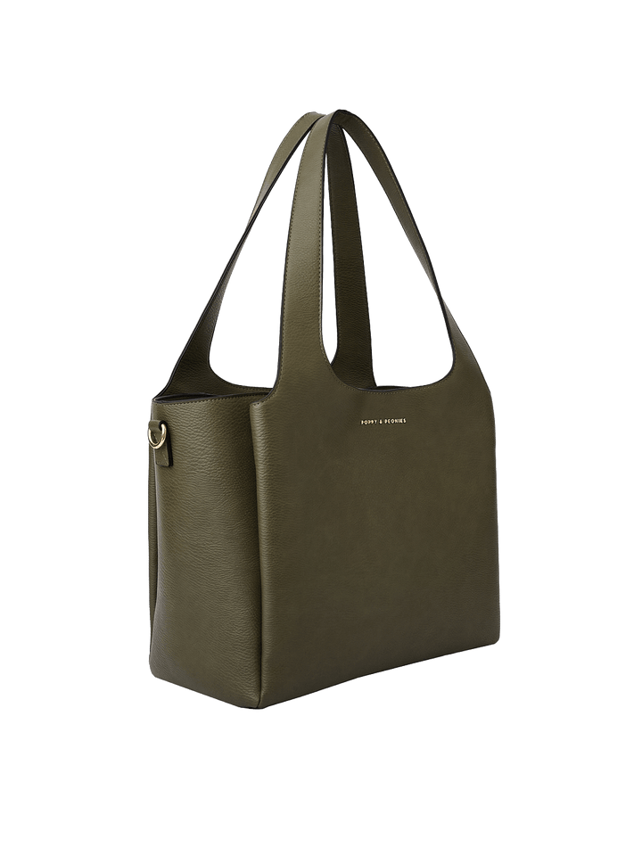 Poppy & Peonies The Companion Tote in Olive angled side view, highlighting its spacious depth, structured shape and top handles.