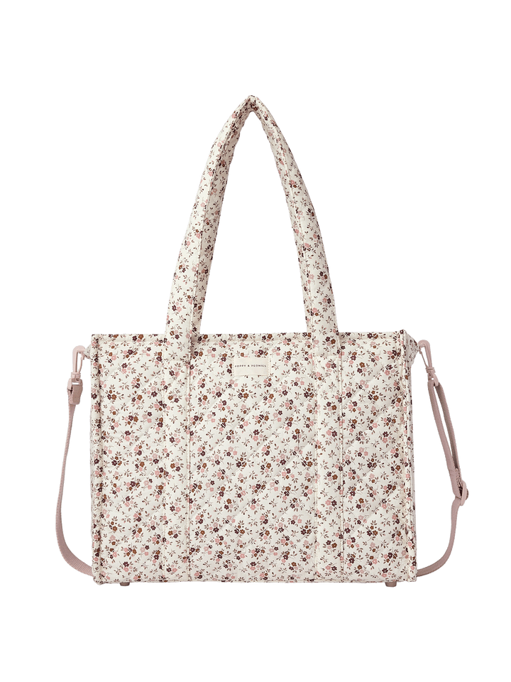 Floral-patterned tote bag with a detachable crossbody strap
