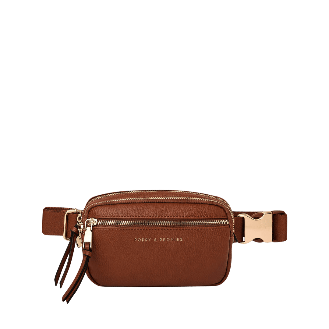 On The Run Belt Bag Vegan Leather Chestnut Poppy and Peonies